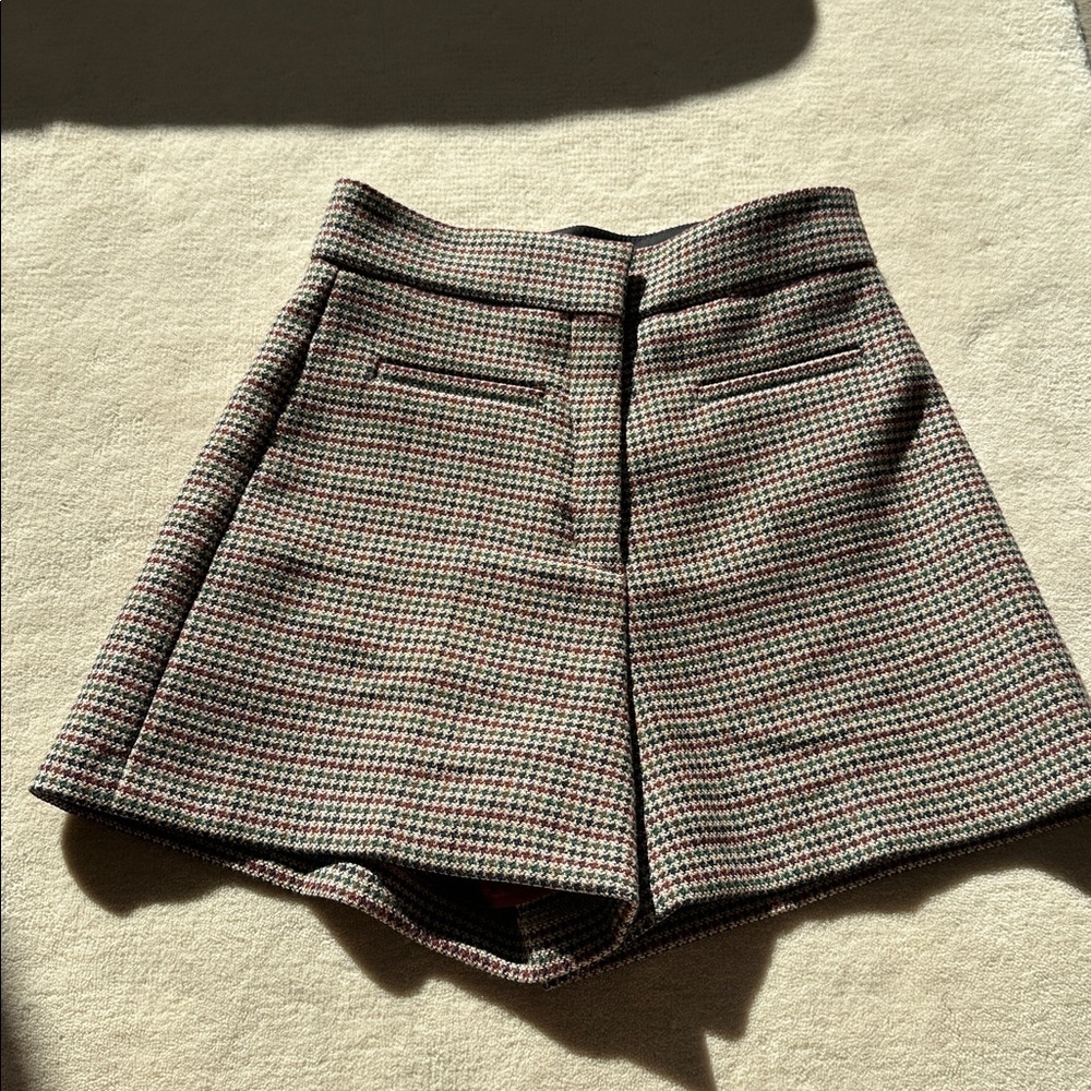 Sandro High Waist Houndstooth Shorts Brown Red Green 36 - Picture 2 of 8